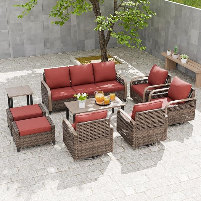 EAGLE PEAK Modern Wicker Outdoor Patio Furniture Set, Patio Conversation Set, 4 Swivel Rocker Chairs, 3-Seat Loveseat, 2 Ottomans, Coffee Table and Side Table, 9 Pieces, Brown/Red