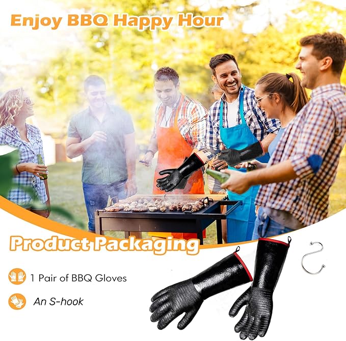BBQ Gloves - 1472°F Thicken Heat Resistant Gloves w/S-Hook 14 in Kitchen Oven Mitts Waterproof Grill Glove Oil Resistant Grilling Glove Cooking Gloves for Turkey Fryer/Baking/Oven/Smoker