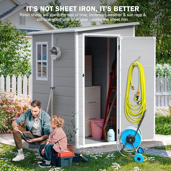 CDCASA 5x4 FT Resin Storage Shed, Waterproof Outdoor Sheds with Floor & Window & Lockable Door Included, Outside Plastic Tool Sheds for Garden, Patio, Backyard, Lawn, Light Gray