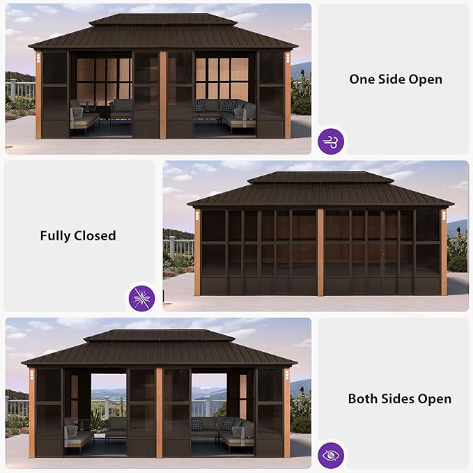 PURPLE LEAF 12' X 20' Outdoor Sunroom Hardtop Gazebo with Enclosed Solarium Galvanized Metal Roofs Patio Wood Grain Aluminum Frame with Screens and Doors for Hot Tub Garden House Bronze