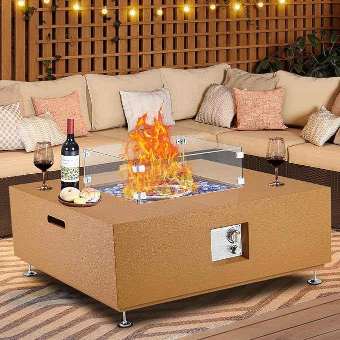 36" Outdoor Propane Fire Pit Table, 50000BTU Fire Table with Wind Guard, 11LBs Glass Beads & Rain Cover, Patio Heater with Anti-Rust Coating, Stainless Steel Gas Fire Pits for Outside Patio,Yellow