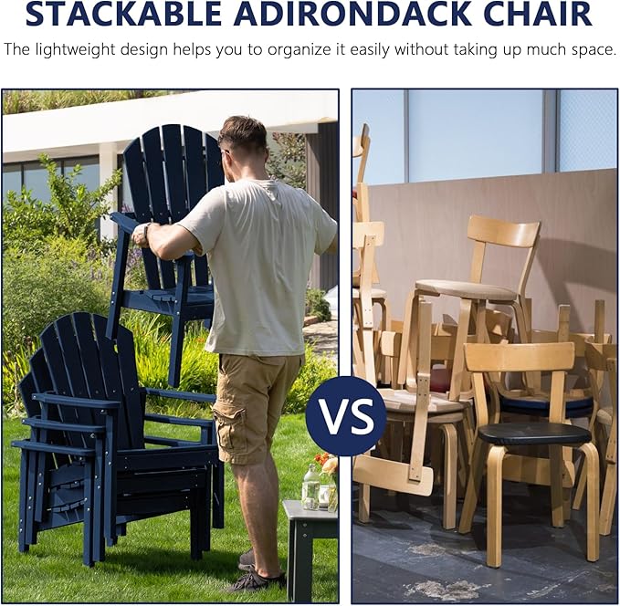 nevilywood Compact Stackable Adirondack Chairs Set of 2, 26.3" Wide HDPE Outdoor Patio Chairs - Durable, Space-Saving Design for Porch, Lawn or Garden, Navy