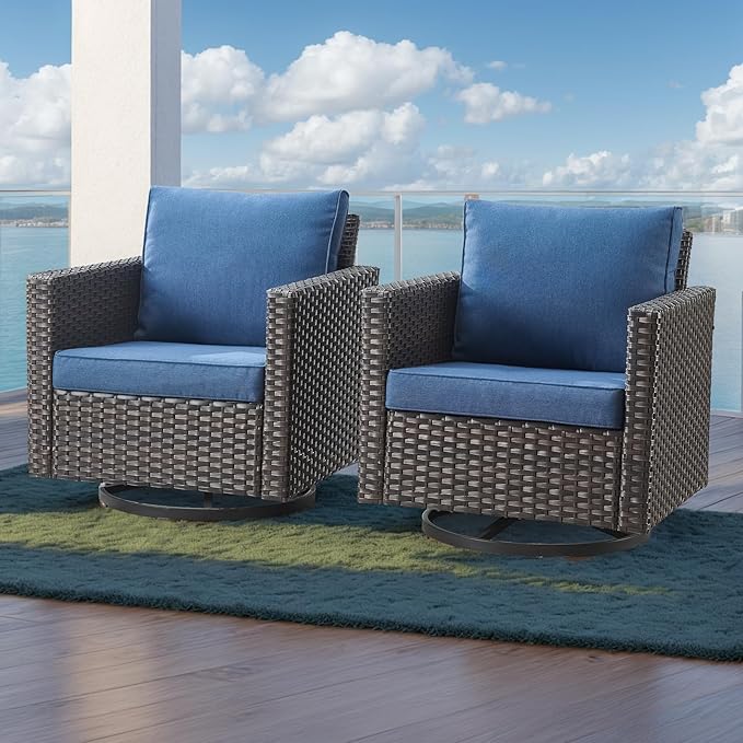 HUMMUH 3-Piece Patio Swivel Chairs,PE Wicker Outdoor Rocking Chairs Bistro Set with Side Table Porch Balcony Furniture with Cushions