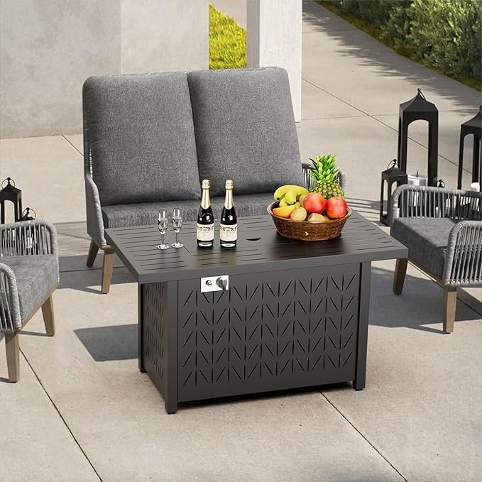 43 Inch Rectangular Propane Fire Pit Table for Outdoor Patio – 50,000 BTU Gas Firepit with Lid, Cover & Lava Rocks – Metal Fire Table with Hidden Tank Storage (Black, 43" Rectangular)
