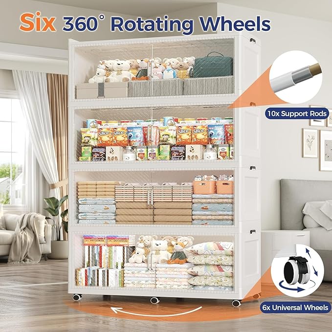 150Gal Extra Large Stackable Storage Bins with Lid, 600Qt Collapsible Storage Box with Wheels, Closet Organizers and Storage Cabinet Container for Home, Kitchen, Office, 3Pack White Clear