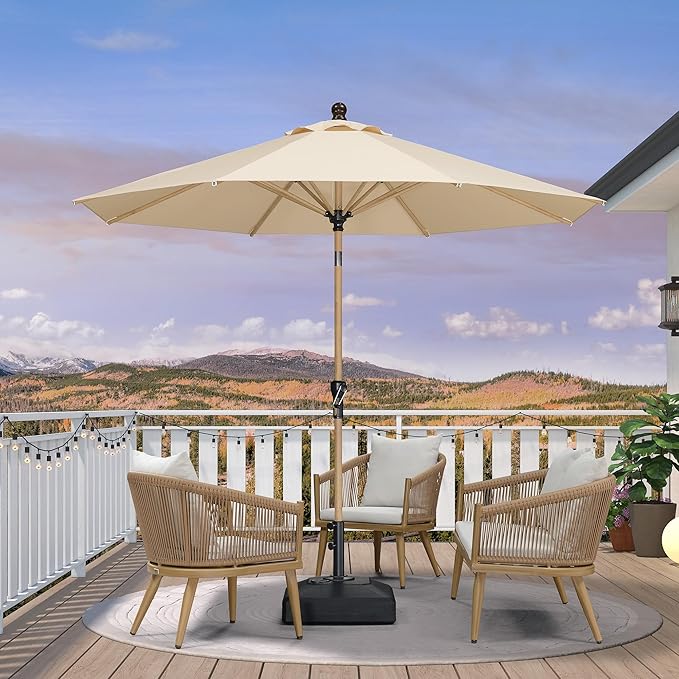 PURPLE LEAF 10 Feet Patio Umbrella with Base Outdoor Umbrella Round Market Umbrella for Table with Push Button Tilt & Crank and 8 Ribs Aluminum Pool Umbrella for Beach Patio, Beige