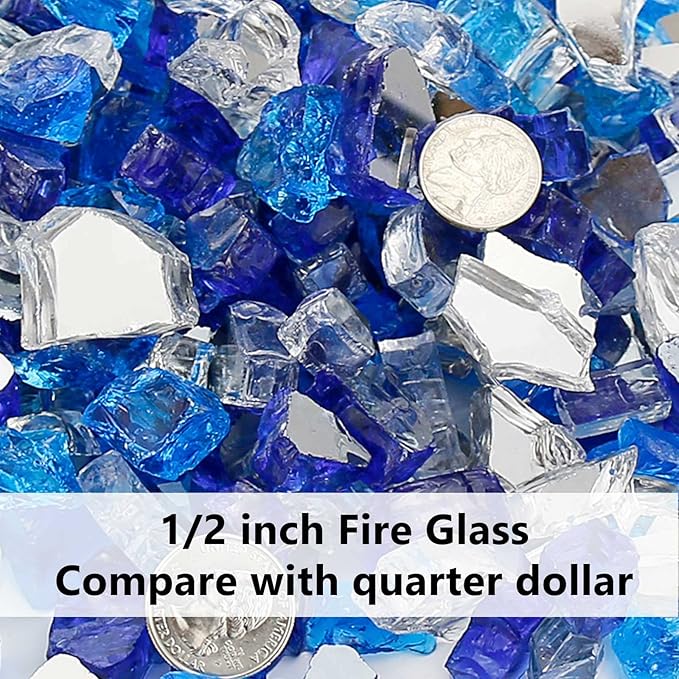 GRISUN 20 Pounds Bahama Blend Fire Glass for Fire Pit - 1/2 Inch High Luster Reflective Tempered Glass Rocks for Natural or Propane Fireplace, Safe for Outdoors and Indoors
