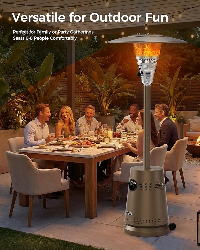 50,000 BTU Patio Heater for Outdoor Use With Adjustable Heat Focusing Top, Portable Propane Patio Heater with Wheels, Stainless Steel Burner for Porch Deck Garden (Brown)