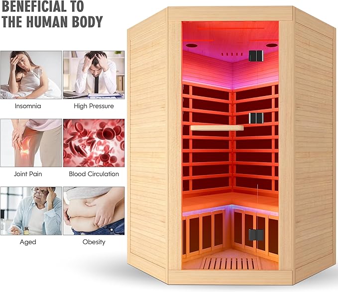 2-3 Person Sauna Corner Sauna Far Infrared Saunas Room Canadian Hemlock Indoor 2180W Low-EMF Dry Saunas with 7 Color Therapy