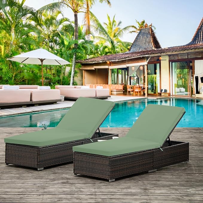 Chaise Lounge Cushions Outdoor Set of 2 - Waterproof and Fade Resistant Sun Lounger Replacement Cushions - Patio Lounger Pads with Removable Cover for Pool, Deck, 72 x 21 x 3 Inch, Sage Green