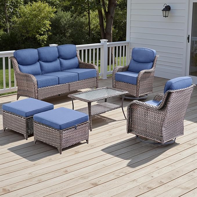 Rilyson Wicker Outdoor Patio Furniture Set - 6 Piece Patio Conversation Sets with Swivel Rocker Chairs, Ottomans, Sofa and Table, 6 inch Cushions, Deep Seating, for Porch Deck Brown/Blue