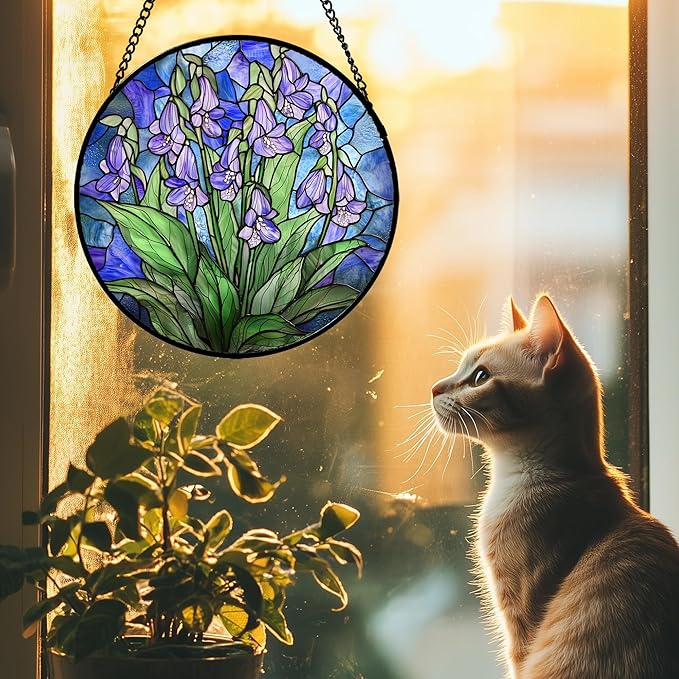 AMDERVEN Stained Glass Suncatcher, Blue Purple Flowers Green Leaves Sun Catcher Plants Stain Glass Window Hanging Decoration Mother's Day Birthday Gifts for Women Men Mom and Nana 6.3 in