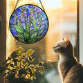 AMDERVEN Stained Glass Suncatcher, Blue Purple Flowers Green Leaves Sun Catcher Plants Stain Glass Window Hanging Decoration Mother's Day Birthday Gifts for Women Men Mom and Nana 15 in