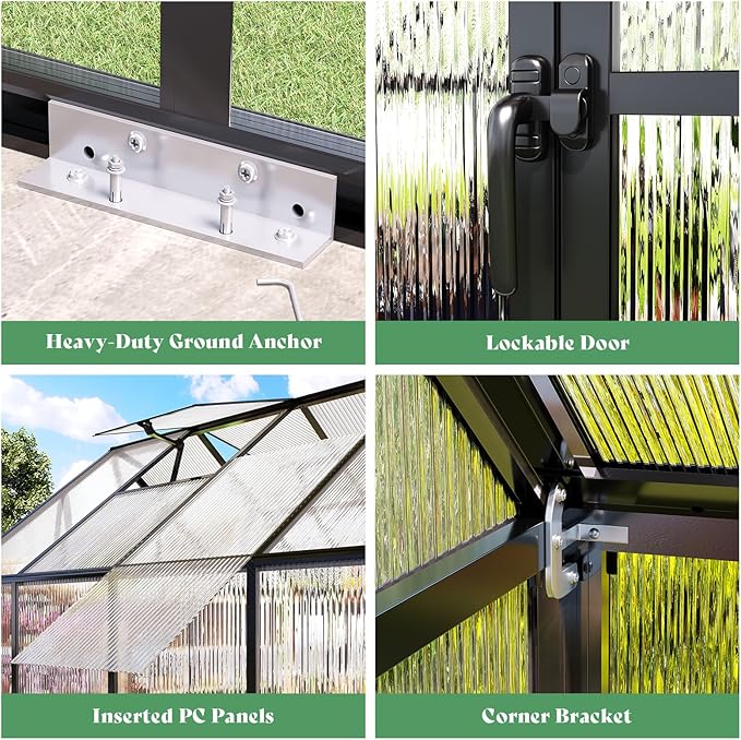 AMERLIFE 6x12 Ft Polycarbonate Greenhouse for Outdoors, Walk-in Design with Aluminum Frame, 2 Windows and Swing Door, Heavy-Duty Greenhouse Construction for Garden, Black