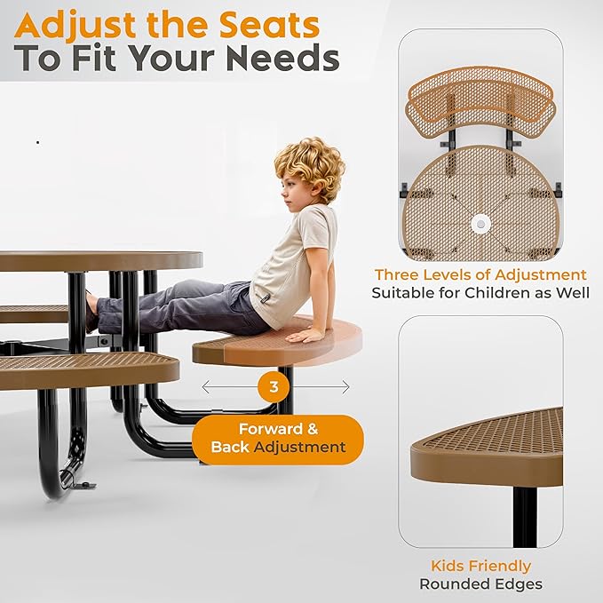 OUTTANS Round Metal Picnic Tables for Kids for Outdoors with Umbrella Hole, Adjustable Seats for School, Park, Playground (Brown, 38 in, Kids, Expanded Steel)