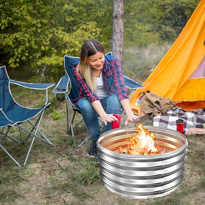 32 Inch Outdoor Fire Pit Ring,17'' Taller High Heat Resistant Wood Burning Firepit & Fireplace for Outside, Heavy Duty Galvanized Steel Fire Pits Bowl for Backyard Bonfire, Patio, Camping, Round