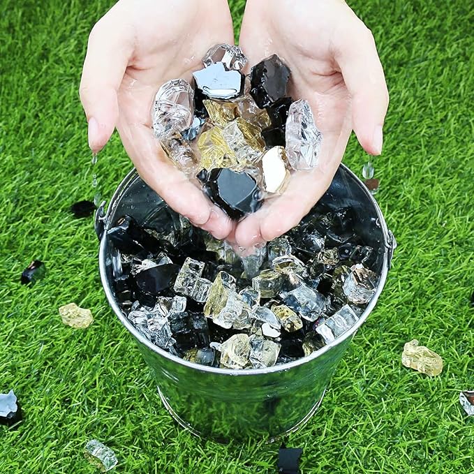 GRISUN 20 Pounds Fire Glass for Fire Pit - 1/2 inch High Luster Reflective Tempered Glass Rocks, Decorative for Natural or Propane Fireplace, Blend of Ultra Clear, Gold, Black