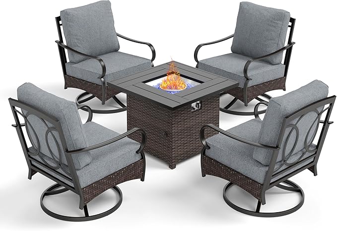 Patio Furniture Set with 32" Fire Pit Table, Patio Conversation Sets 4 Swivel Chairs with Thick Cushion and 50000 BTU Fire Pit Table (5 Pieces,Grey