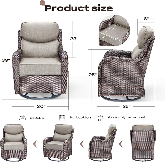 Rilyson 4 Piece Outdoor Patio Swivel Rocker Chairs, Waterproof Wicker, High Back, Deep Seating, Wide Armrest, Upgraded 6 inch Thick Cushions, Ideal for Deck Porch Backyard, Brown/Beige