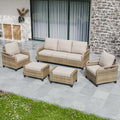 EAGLE PEAK Modern Wicker Outdoor Patio Furniture Set, Patio Conversation Set, 2 Chairs, 3-Seat Loveseat and 2 Ottomans, 5 Pieces, Brown/Gray