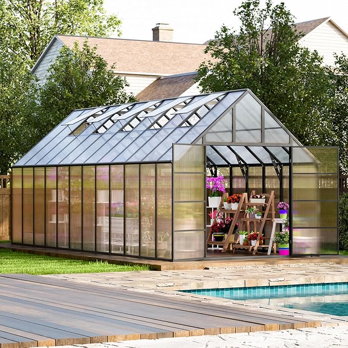 24x10x10 FT Outdoor Greenhouse, Large Thicker Aluminum Polycarbonate Kit, 5 Vent Windows, Swing Door, Walk-in, for Sunroom, Patio, Backyard