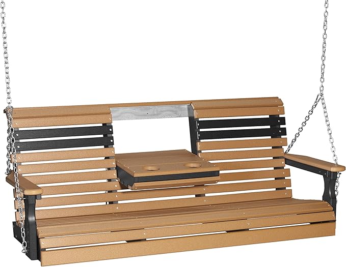 LuxCraft 5' Poly Rollback Plain Porch Swing with Flip Down Center Console, Made with Recycled Plastics - Made in USA (Cedar & Black)