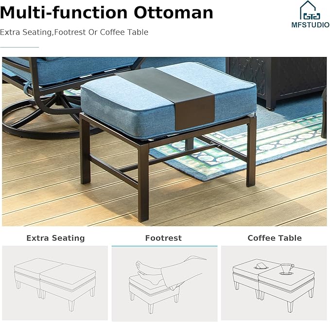 MFSTUDIO 5 Pieces Patio Conversation Sets,Outdoor Metal Furniture Sofas with 1 x 3-Seat Sofa, 2 x Rocking Chairs,2 x Ottoman,Wrought Iron Frame with Navy Cushion for Patio Courtyard Balcony