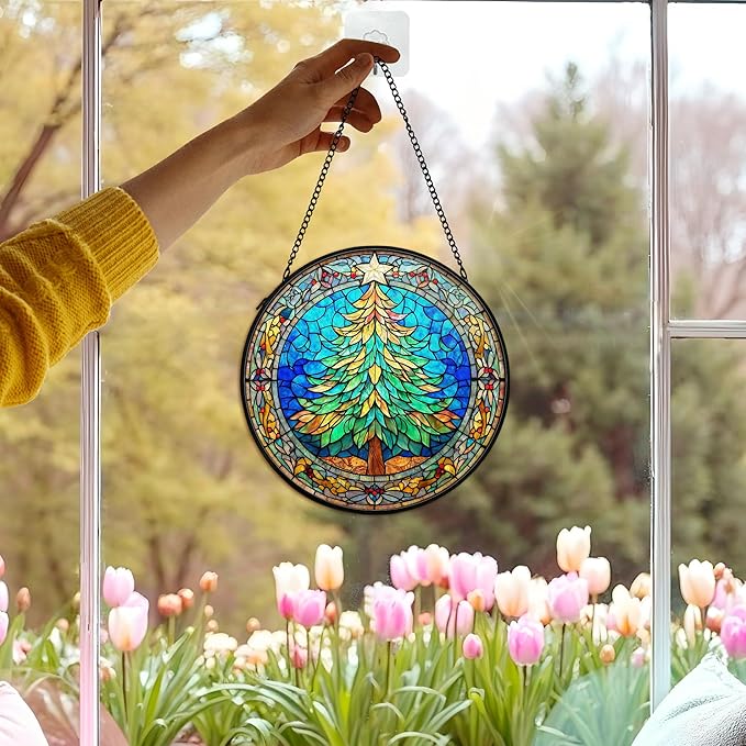cvjutf Christmas Tree Suncatcher Stained Glass Window Hanging Decor, Winter Xmas Tree Stained Glass Wall Decor, Christmas Garden Sun Catchers Indoor Window Hanging Wall Art Lawn, 7.9x7.9 Inch