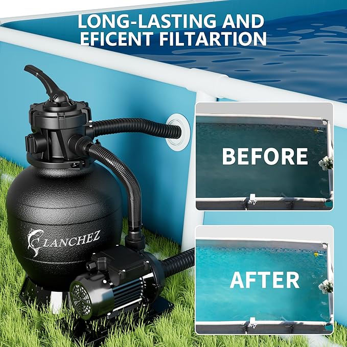 LANCHEZ 12" Sand Filter Pump for Above Ground Pool, 1/3 HP Pool Pump, Max 2400 GPH for Pools Up to 7,000 GAL, 6-Way Valve Pool Sand Filter System
