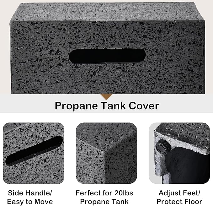 SUNBURY Outdoor Travertine Fire Pit Table, Propane Gas Fire pits &Outdoor Fireplaces 35 inch Square Firepit Table with Tank Cover, 50000 BTU Fire Table for Patio Set, Stone Gray