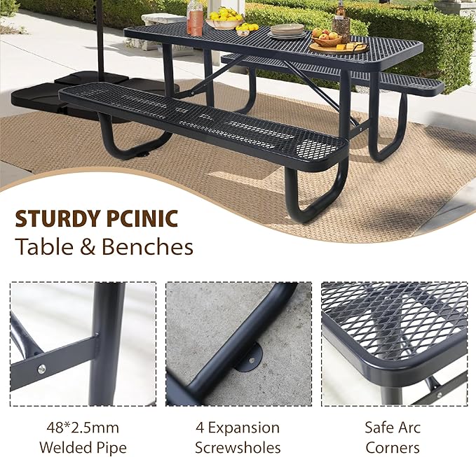 HIMcup 6 FT Metal Picnic Tables for Outside, Outdoor Coated Steel Heavy Duty Commercial Picnic Table with Benches, Patio Table Rectangular Furniture Set for Garden, Lawn, Shops, Parks