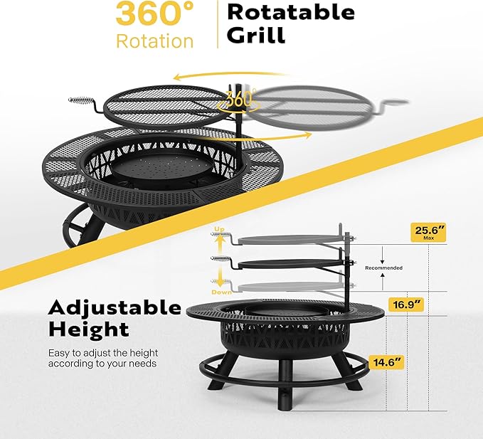 VIVOHOME 35 Inch Fire Pit with Cooking Grill Grate & Charcoal Pan, 3-in-1 Wood Burning Firepits with Cover Lid, Metal Table for Backyard Bonfire BBQ Outdoor Camping Picnic