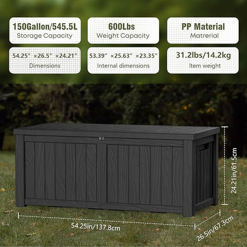 150 Gallon Deck Box, Resin Outdoor Indoor Waterproof Storage Box, Lockable Storage Box With Handle for Patio Furniture - Garden Tools - Swimming Pool Tools UV-Resistant, Black