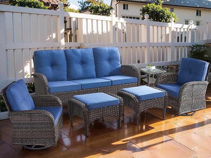 HUMMUH 6-Piece Patio Furniture PE Wicker Outdoor Conversation Set,All-Weather Rattan Swivel Rocker Chairs Outdoor Couch Ottomans for Backyard,Poolside,Deck