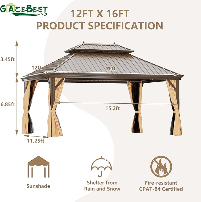 GAZEBEST 12' X 16' Hardtop Gazebo, Outdoor Galvanized Steel Double Roof Permanent Aluminum Frame Pavilion Pergola Canopy with Privacy Curtains for Garden, Patio, Backyard, Deck and Lawns.
