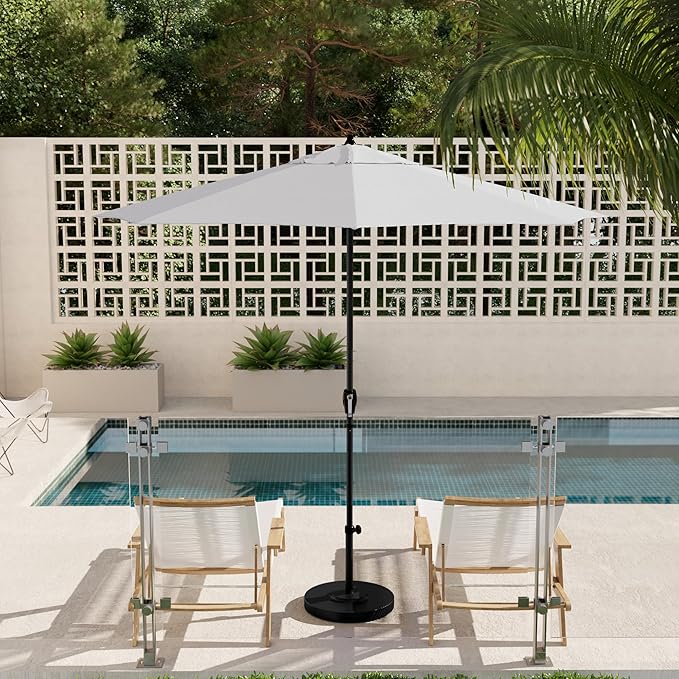 California Umbrella 9' Rd Aluminum Patio Umbrella, Crank Lift, Auto Tilt, Black Finish, Sunbrella Natural