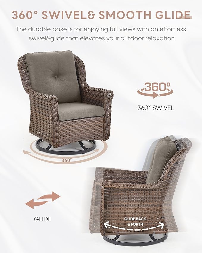 Patio Chairs Outdoor Swivel Glider - Set of 2 High Back Outside Brown Wicker Rattan Rocking Chair with Zippered Cushion for Porch Apartment Deck Yard Poolside Garden - Grey