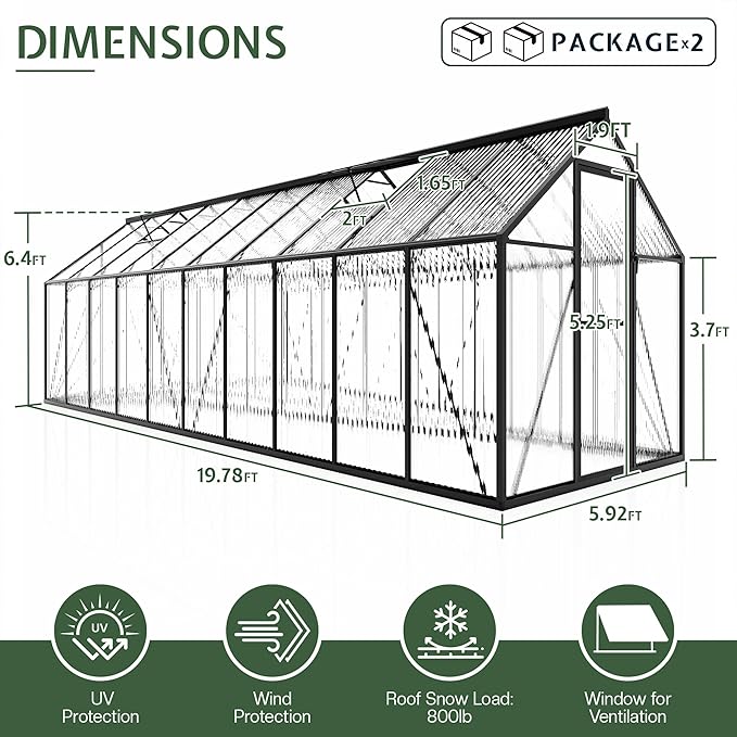 Jocisland 6x20Ft Polycarbonate Greenhouses for Outdoors, 2 Top-Opening Windows, Swing Doors, Aluminum Walk-in Heavy Duty for Outdoor Use, Backyard Garden, Black