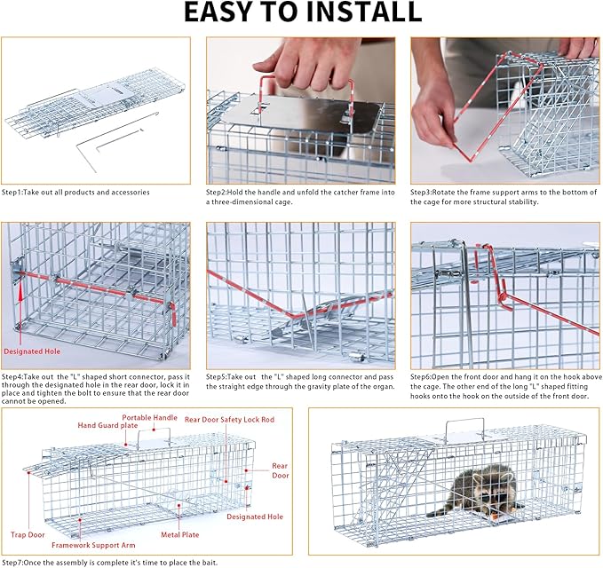 24" Live Animal Trap, Humane Animal Trap for Stray Cats up to 5.5 pounds, Raccoons, Squirrels, Skunks, Moles, Marmots, Armadillos, Rabbits, Steel Folding with Pedal Trigger