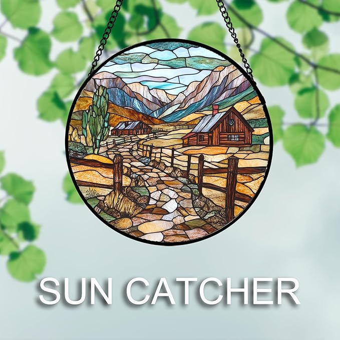 QZQCBLC Stained Glass Window Hanging Mountain Ranch Rural Life Large 15" - Cactus Suncatcher Door Terrace Garden Sun Catcher Home Decor Birthday Christmas for Mom Men Woman Friend