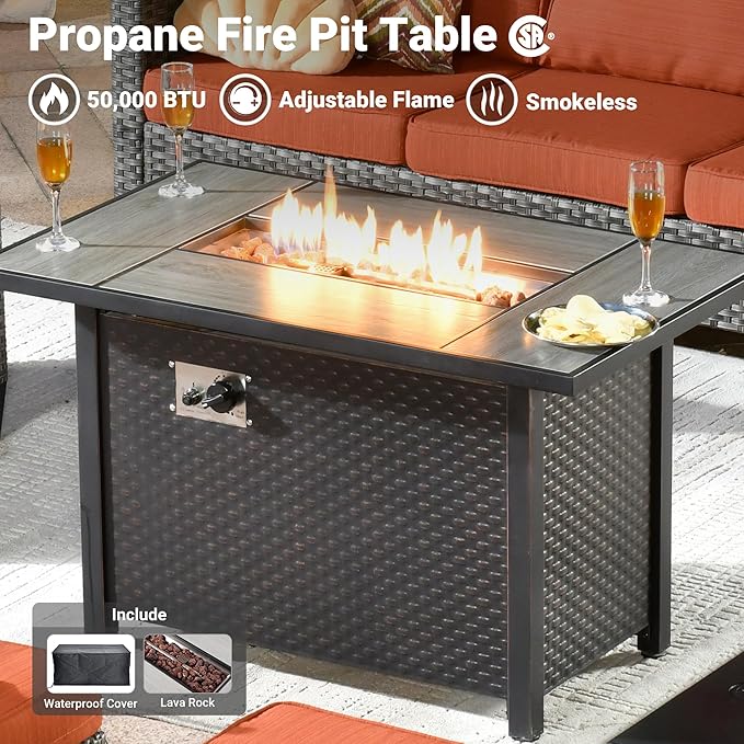 ovios 7 Pieces Patio Furniture Set with 42" Fire Pit Table, Outdoor Wicker Sofa with Swivel Chairs, All Weather High Back Rattan Couch Conversation Set, Orange Red