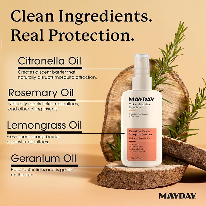 MAYDAY Tick & Mosquito Repellent – Deet-Free with Essential Oils – Geranium, Lemongrass & Rosemary – 3.4 oz (100 ml) – Mosquito and Tick Repellent