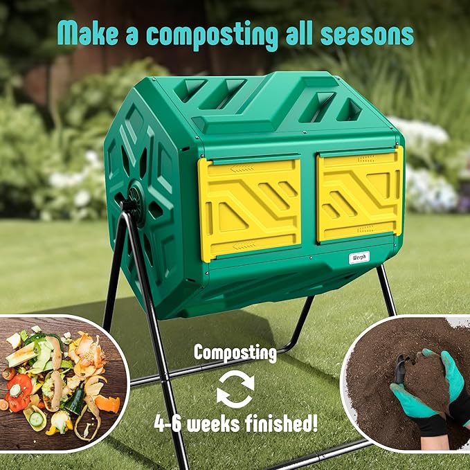 Werph 43 Gallon Compost Bin with Gloves, Fast Assembly & Easy Setup Outdoor Compost Tumbler, Updated Dual Chamber Tumbling Composter for Garden, Kitchen, and Yard Waste, Green
