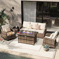 MEISSALIVVE 5 Pieces Patio Furniture Set with 43" Fire Pit Table, Wicker Patio Conversation Set with Swivel Rocking Chairs, Outdoor Patio Set for Lawn Backyard Porch (Brown)