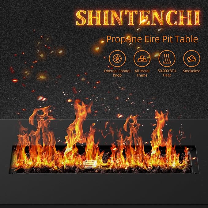 Shintenchi 43 Inch Fire Pit Table, 50,000 BTU Outdoor Propane Fire Table, Outdoor Steel Propane Fire Pit with Lid and Lava Rock for Garden, Yard, Camping, Pool Use, Charcoal Black