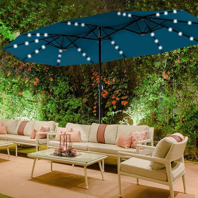 Sophia & William 15 ft Extra Large Patio Umbrella with Solar Lights, Rectangular Outdoor Umbrella with Base Included, Market Umbrella Double-sided Heavy Duty for Pool Garden Backyard, Cyan-blue