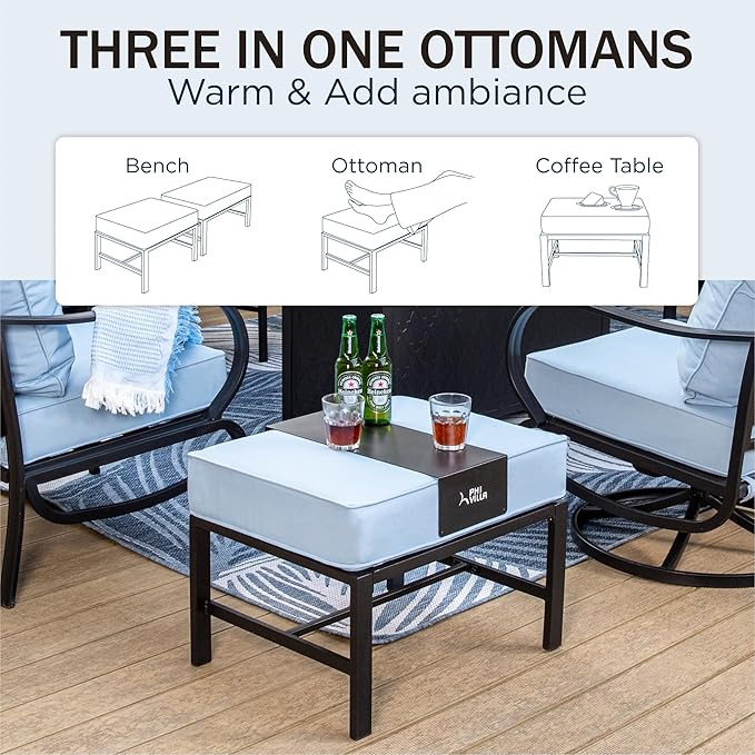 PHI VILLA Patio Furniture Set with Fire Pit Table,1x 3-Seat Wide Deep Seating Bench Sofa, 4 Swivel Sofa Chair, 1 Fire Pit Table,Outdoor Conversation Set for 9,Light Blue