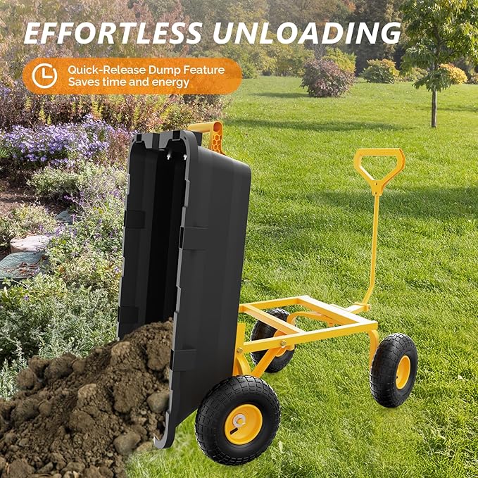 VINGLI Heavy Duty Dump Cart Wagon, 770LBS Quick-Release Dump Poly Wheelbarrow, 10in All-Terrain Pneumatic Tires Garden Wagon for Garden, Yard, Beach