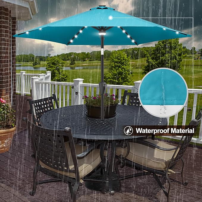 FLAME&SHADE 7.5 ft Solar Powered Outdoor Market Patio Table Umbrella with LED Lights and Tilt, Aqua Blue