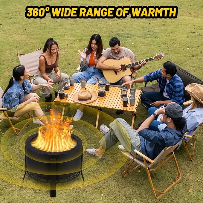 GarveeLife 26 in Smokeless Fire Pit with Ash Tray Base,Smokeless Outdoor Firepits with Adjustable Foot&Fire Poker,Firepit with Dust Bag,Outdoor Fire Pits for BBQ,Bonfire,Camping